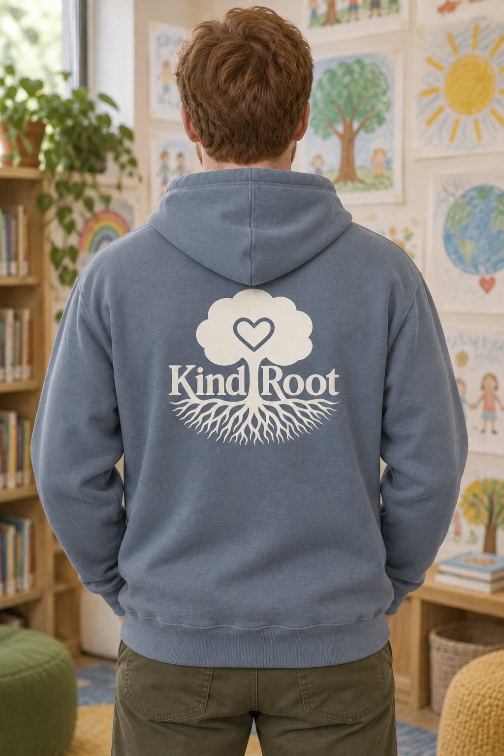 KindRoot logo on the back of the Slate unisex organic cotton hoodie