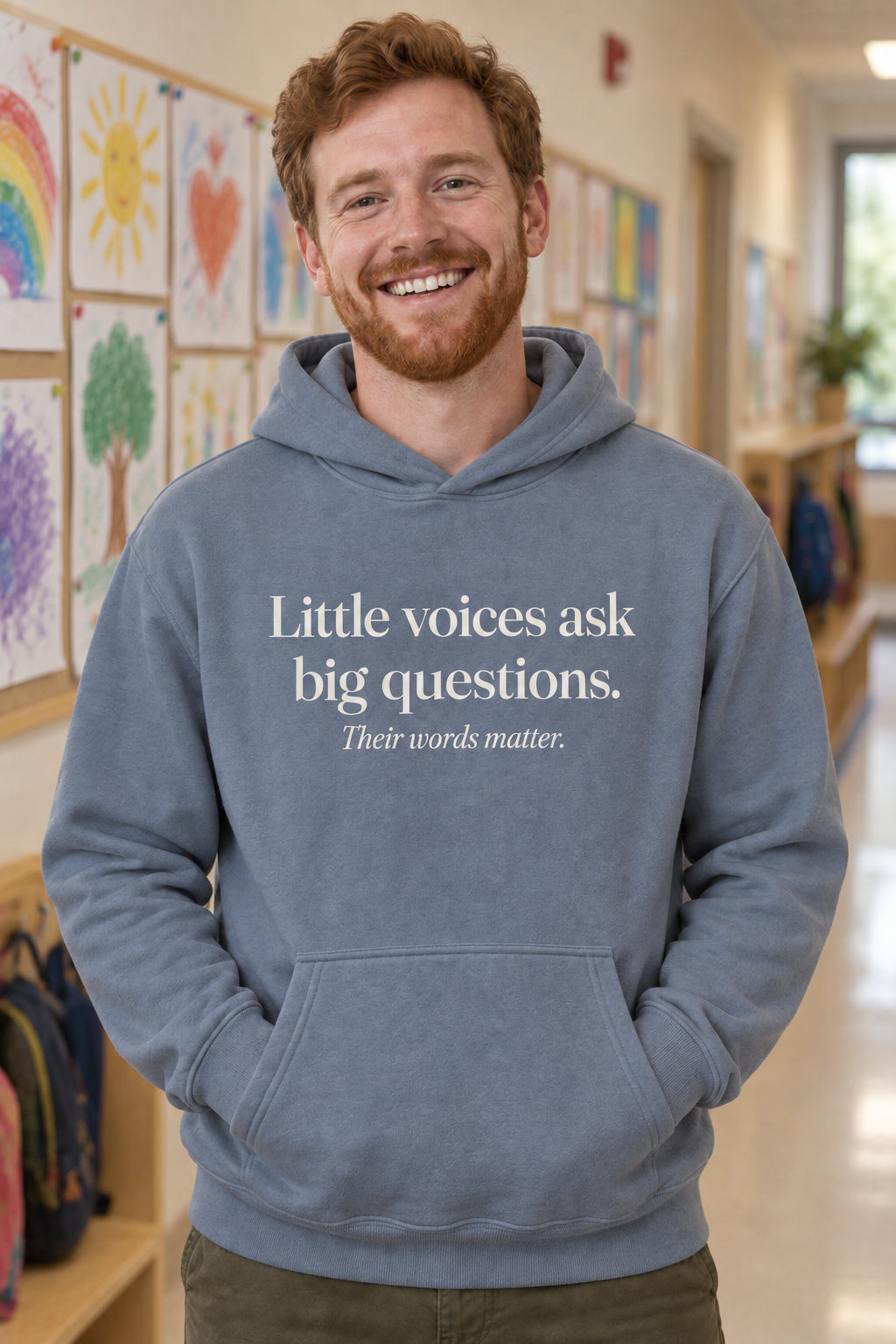 Little voices ask big questions. unisex organic cotton hoodie in Slate, front