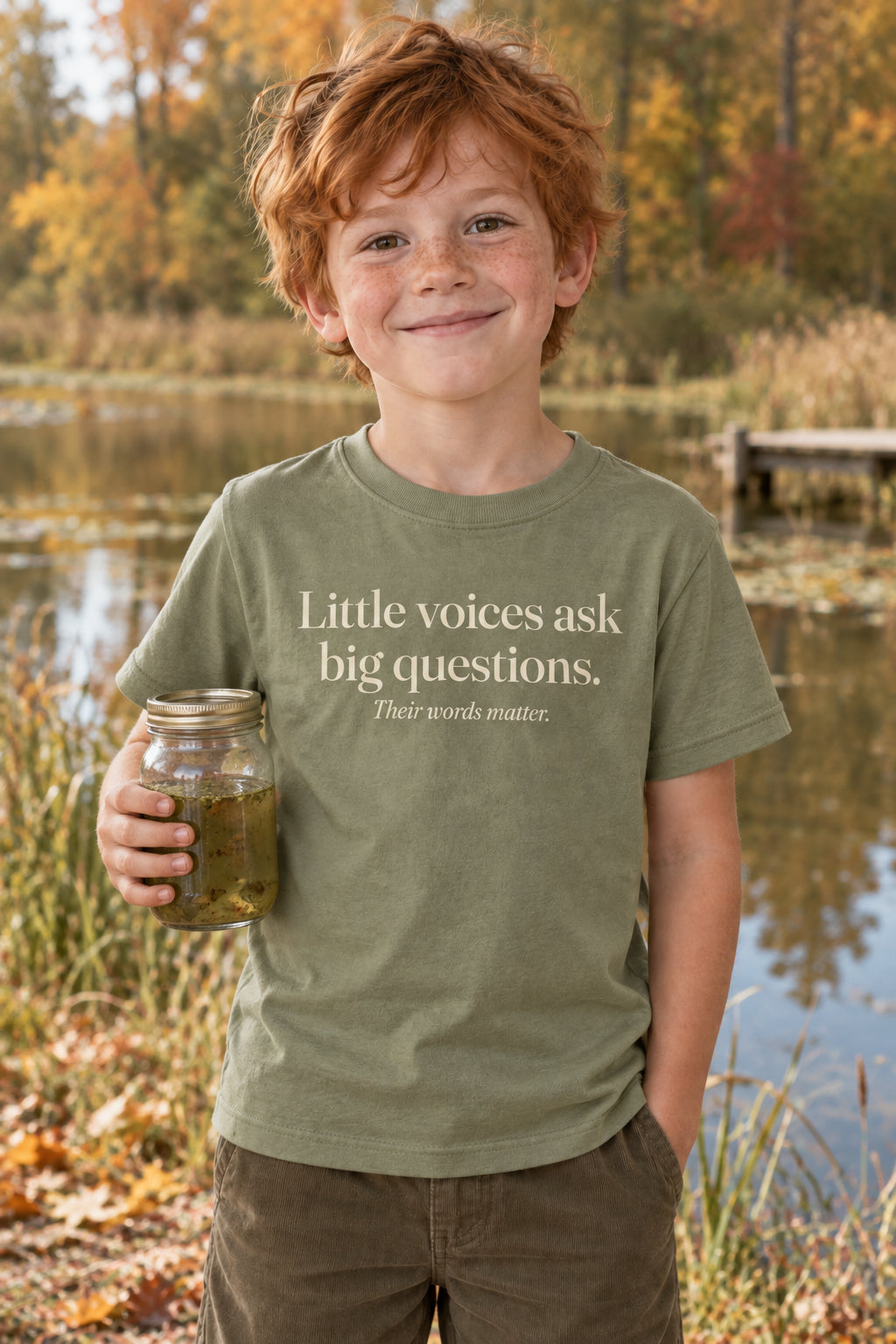 Little voices ask big questions. kids organic cotton tee in Avocado, front