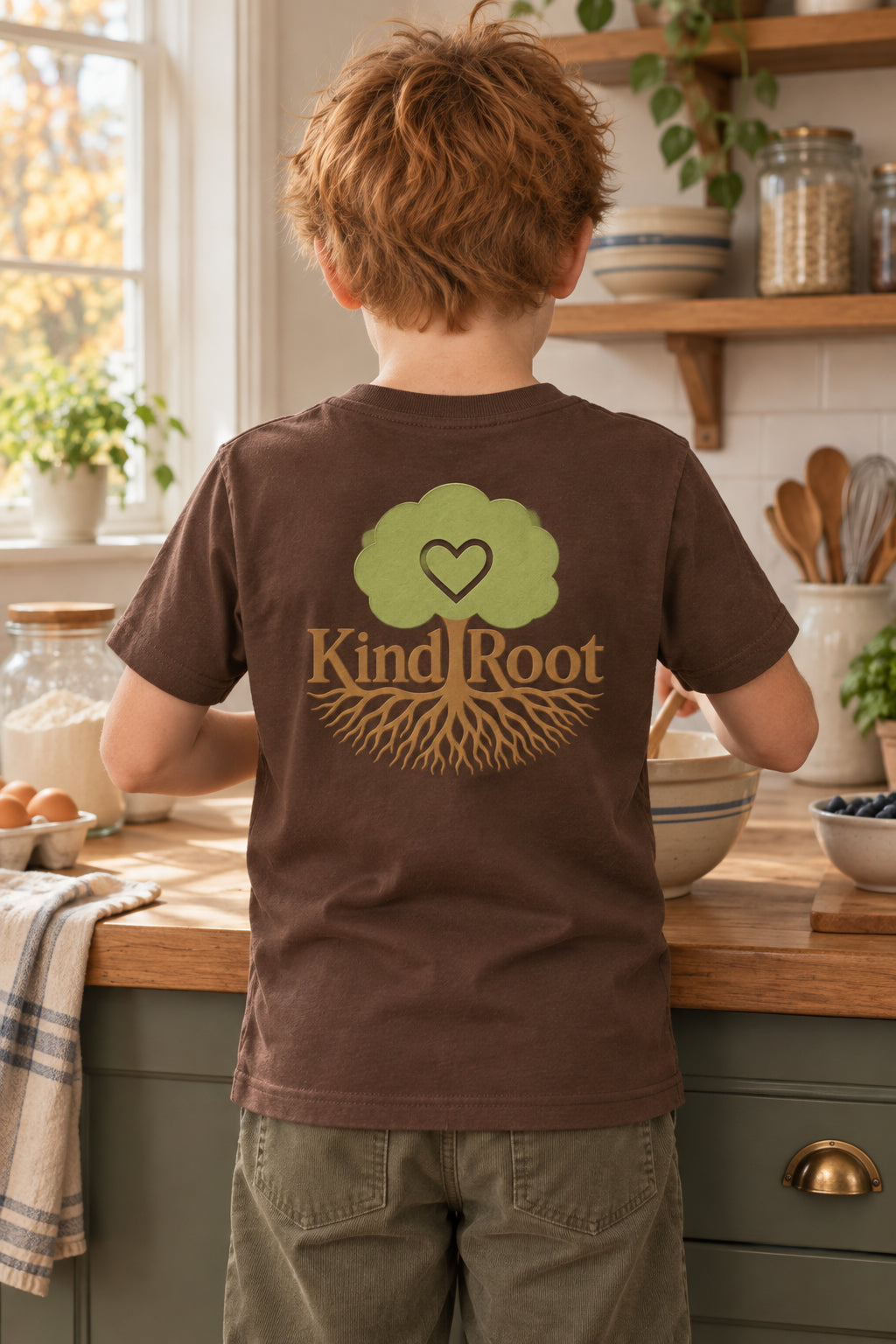 KindRoot logo on the back of the Bark kids organic cotton tee