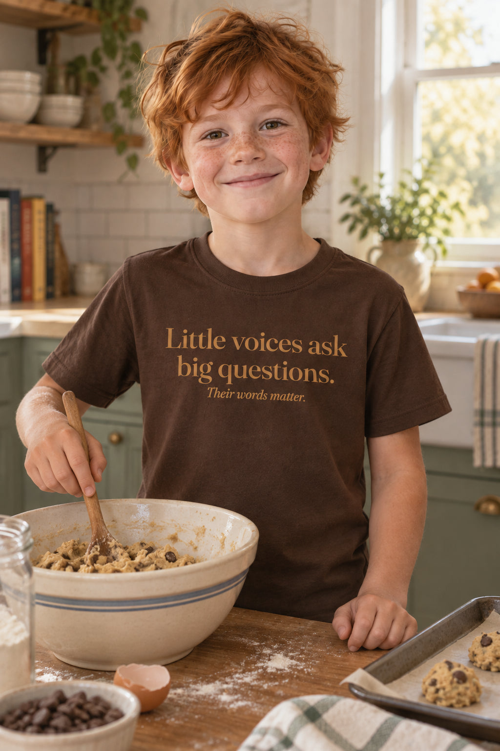 Little voices ask big questions. kids organic cotton tee in Bark, front