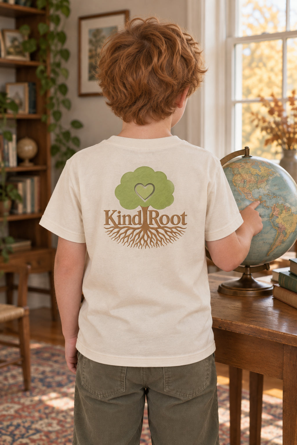 KindRoot logo on the back of the Natural kids organic cotton tee