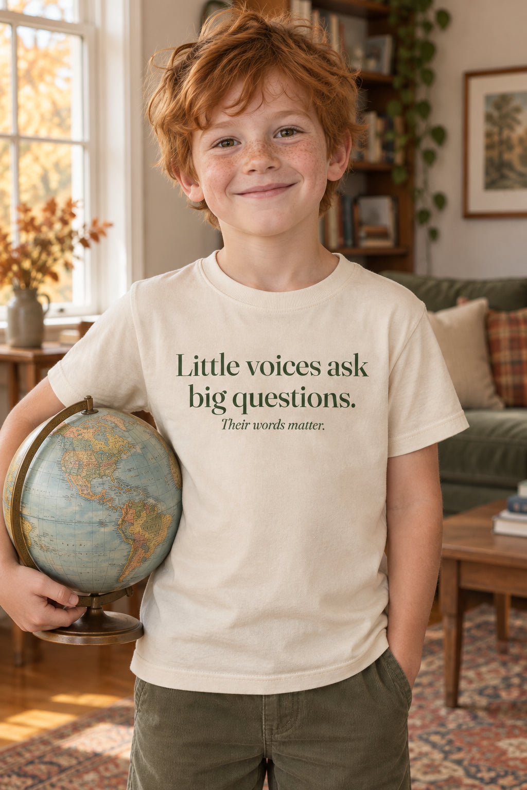 Little voices ask big questions. kids organic cotton tee in Natural, front