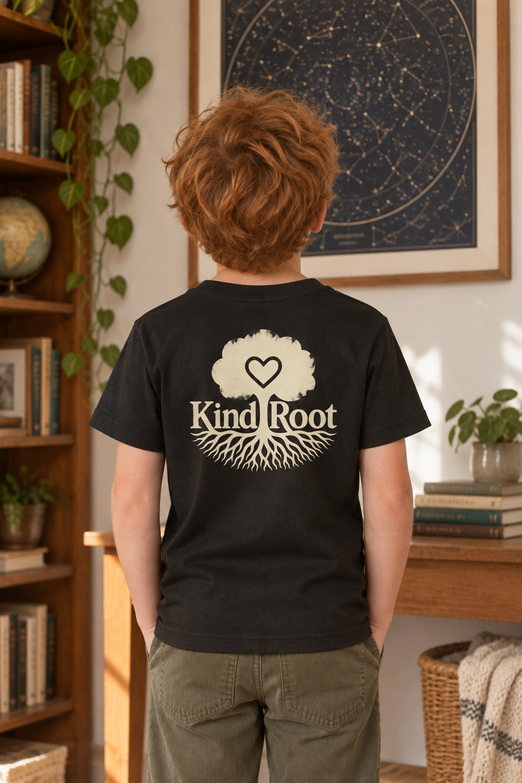 KindRoot logo on the back of the Night kids organic cotton tee