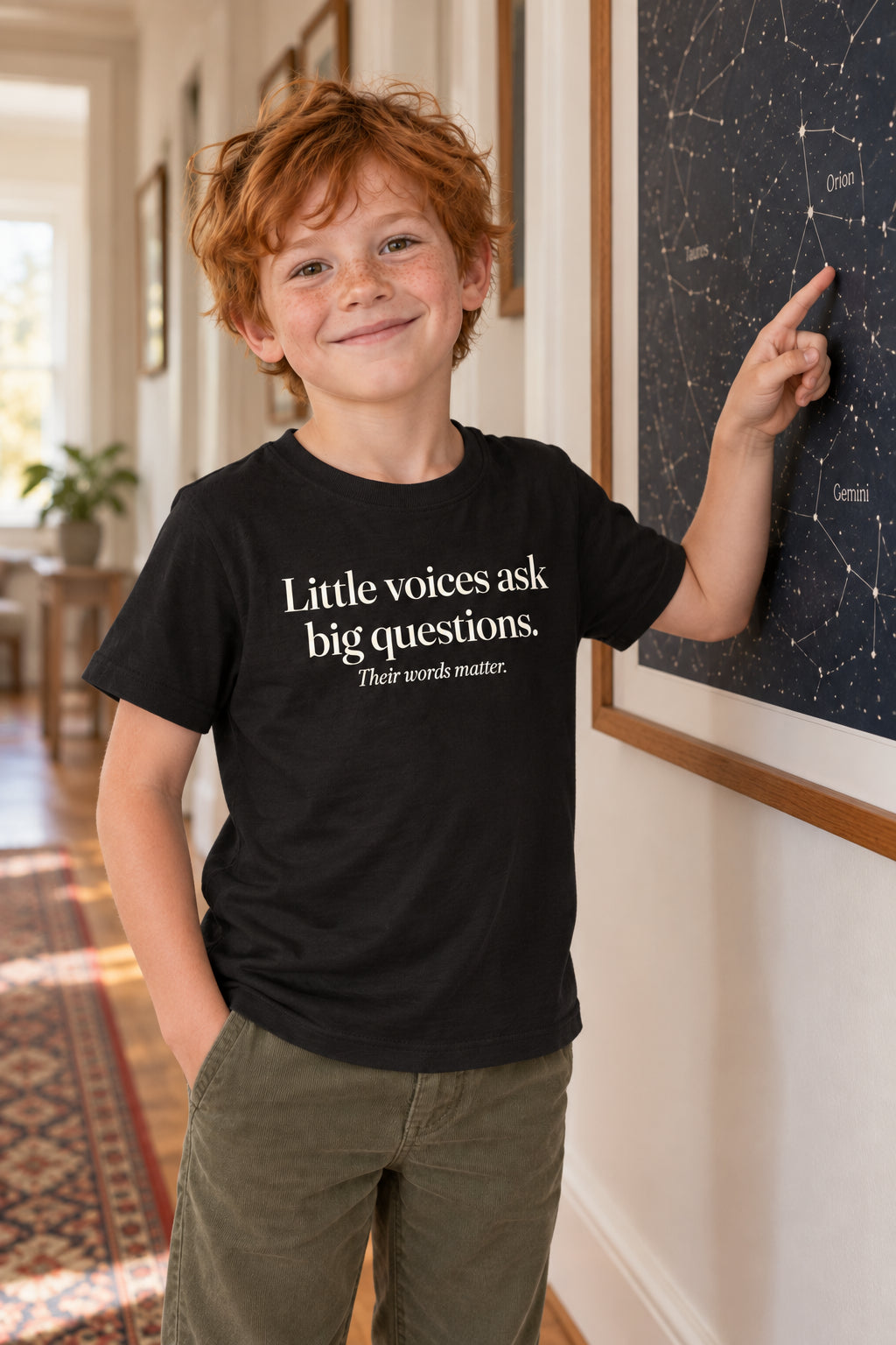 Little voices ask big questions. kids organic cotton tee in Night, front