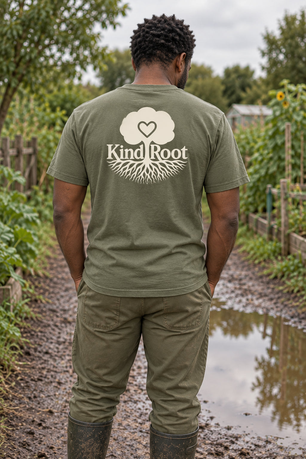 KindRoot logo on the back of the Moss unisex organic cotton tee