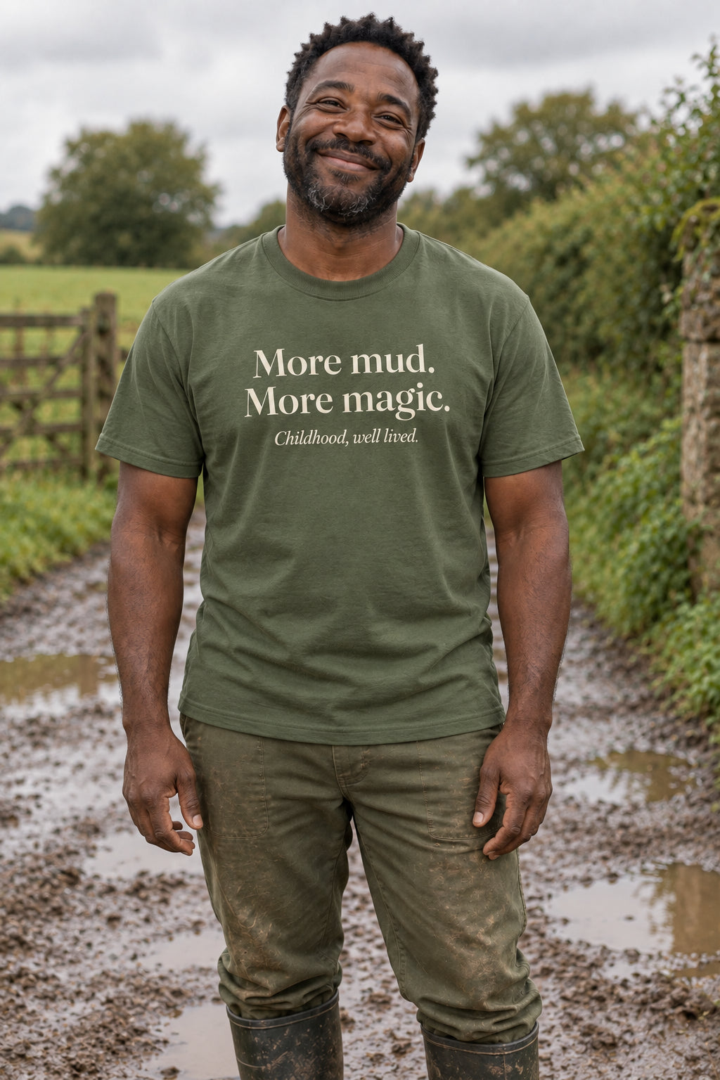 More mud. More magic. unisex organic cotton tee in Moss, front