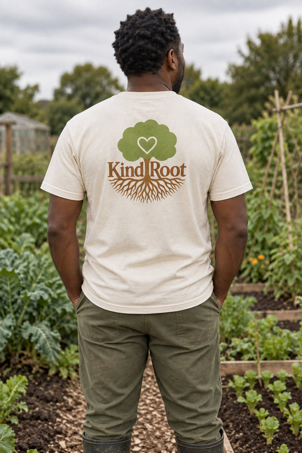 KindRoot logo on the back of the Natural unisex organic cotton tee