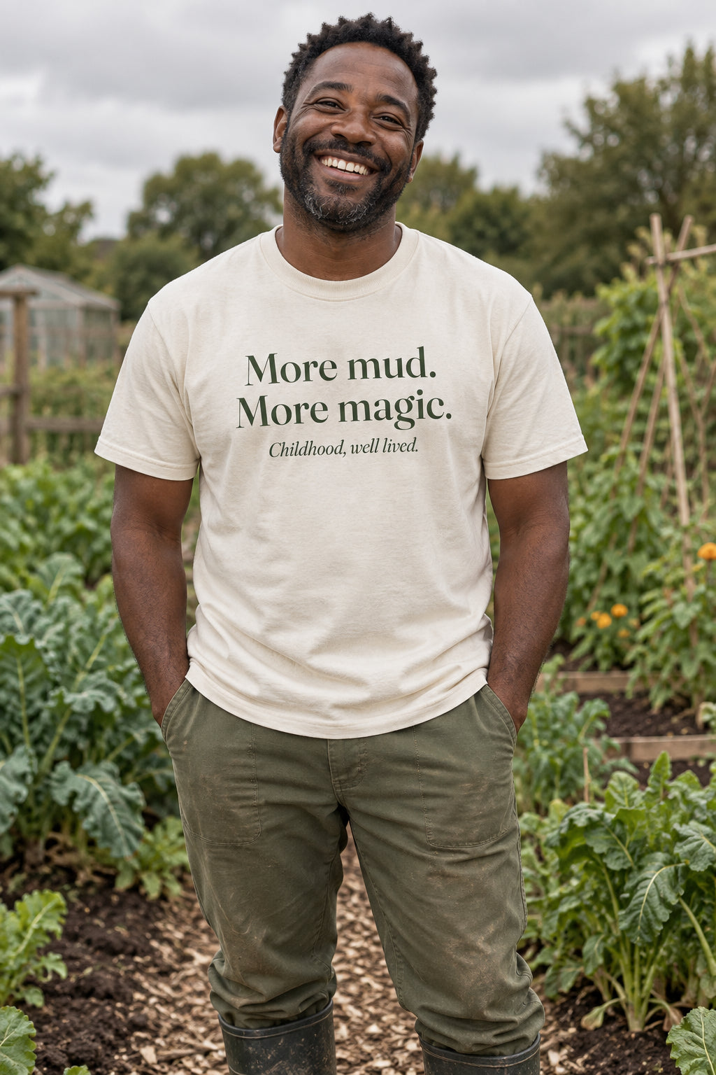 More mud. More magic. unisex organic cotton tee in Natural, front