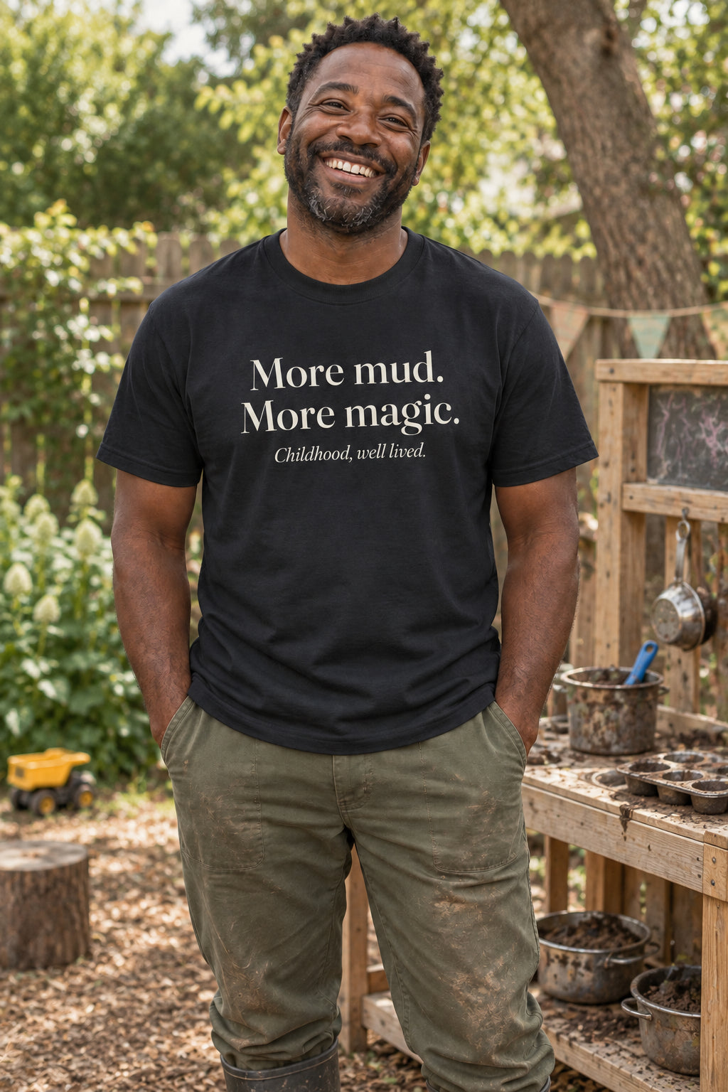 More mud. More magic. unisex organic cotton tee in Night, front