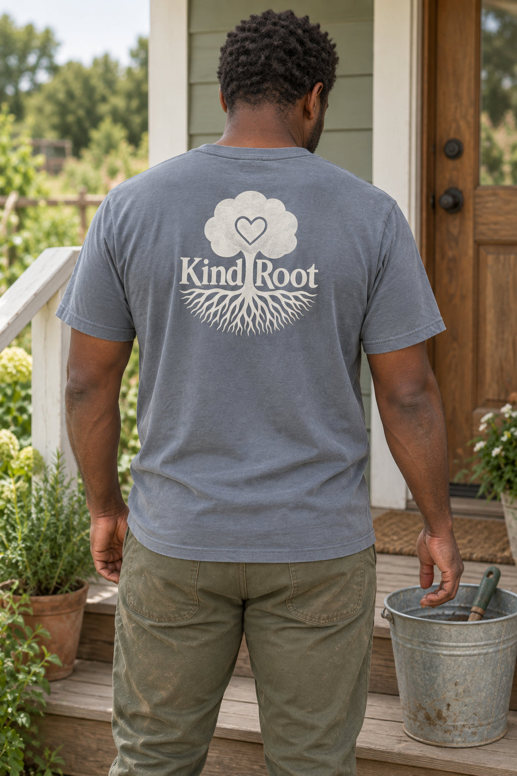 KindRoot logo on the back of the Slate unisex organic cotton tee