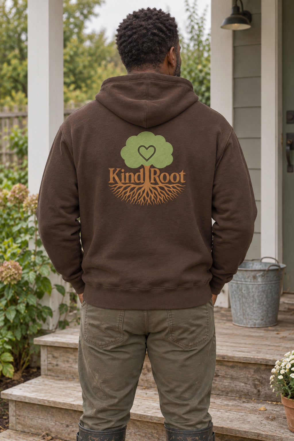 KindRoot logo on the back of the Bark unisex organic cotton hoodie