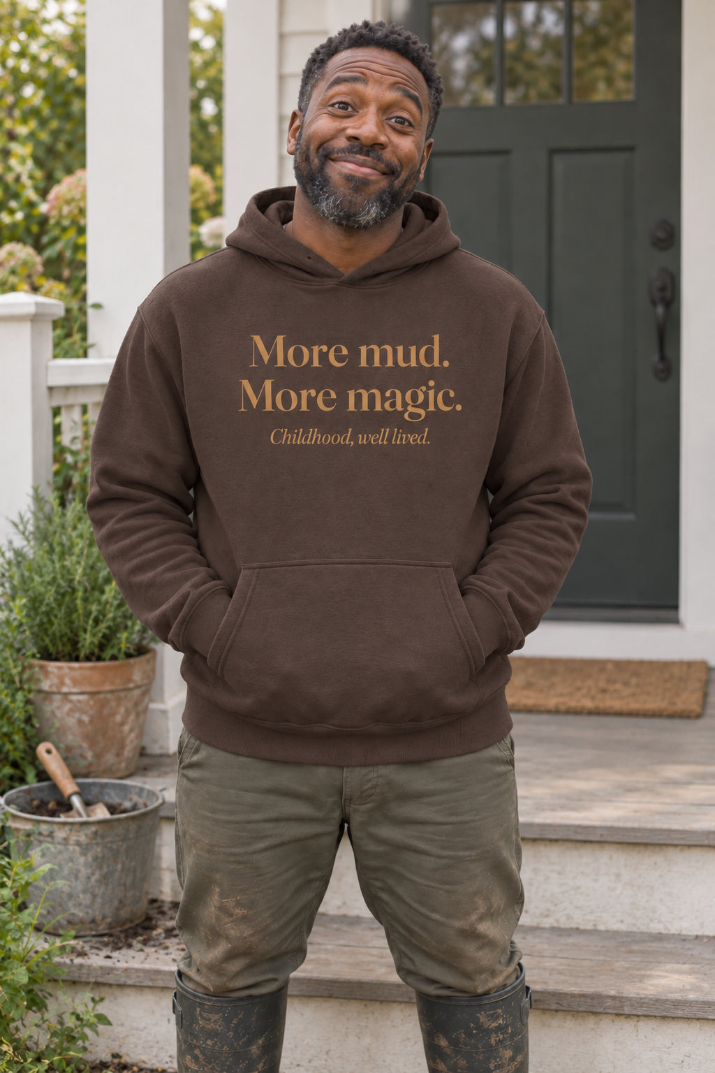 More mud. More magic. unisex organic cotton hoodie in Bark, front