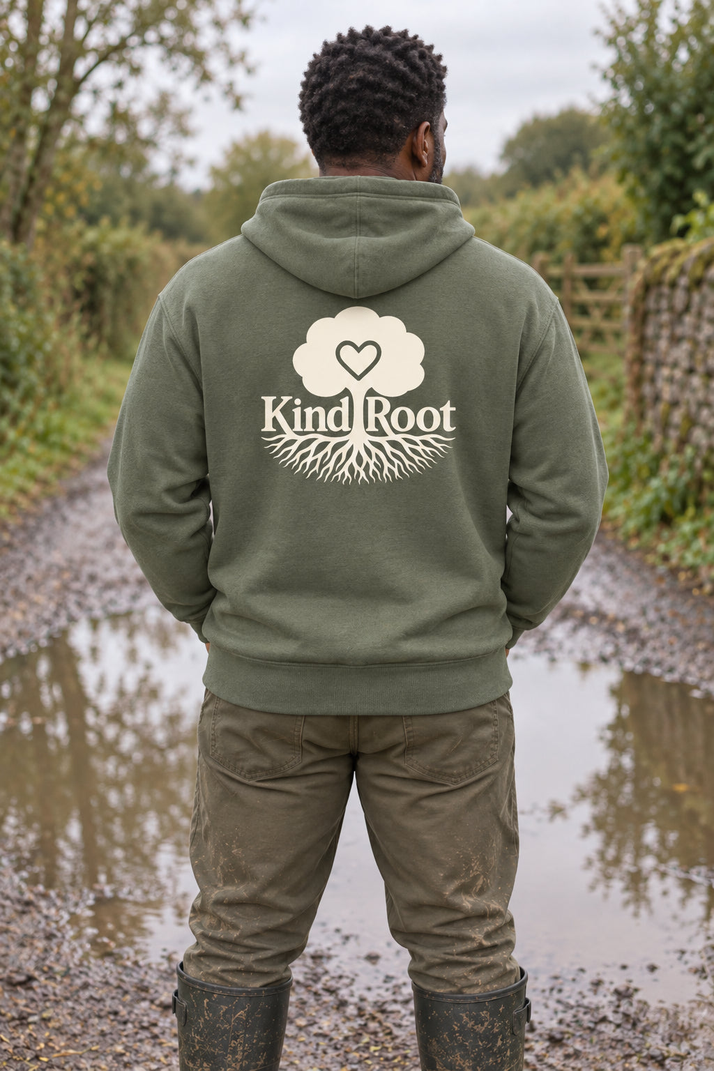 KindRoot logo on the back of the Moss unisex organic cotton hoodie