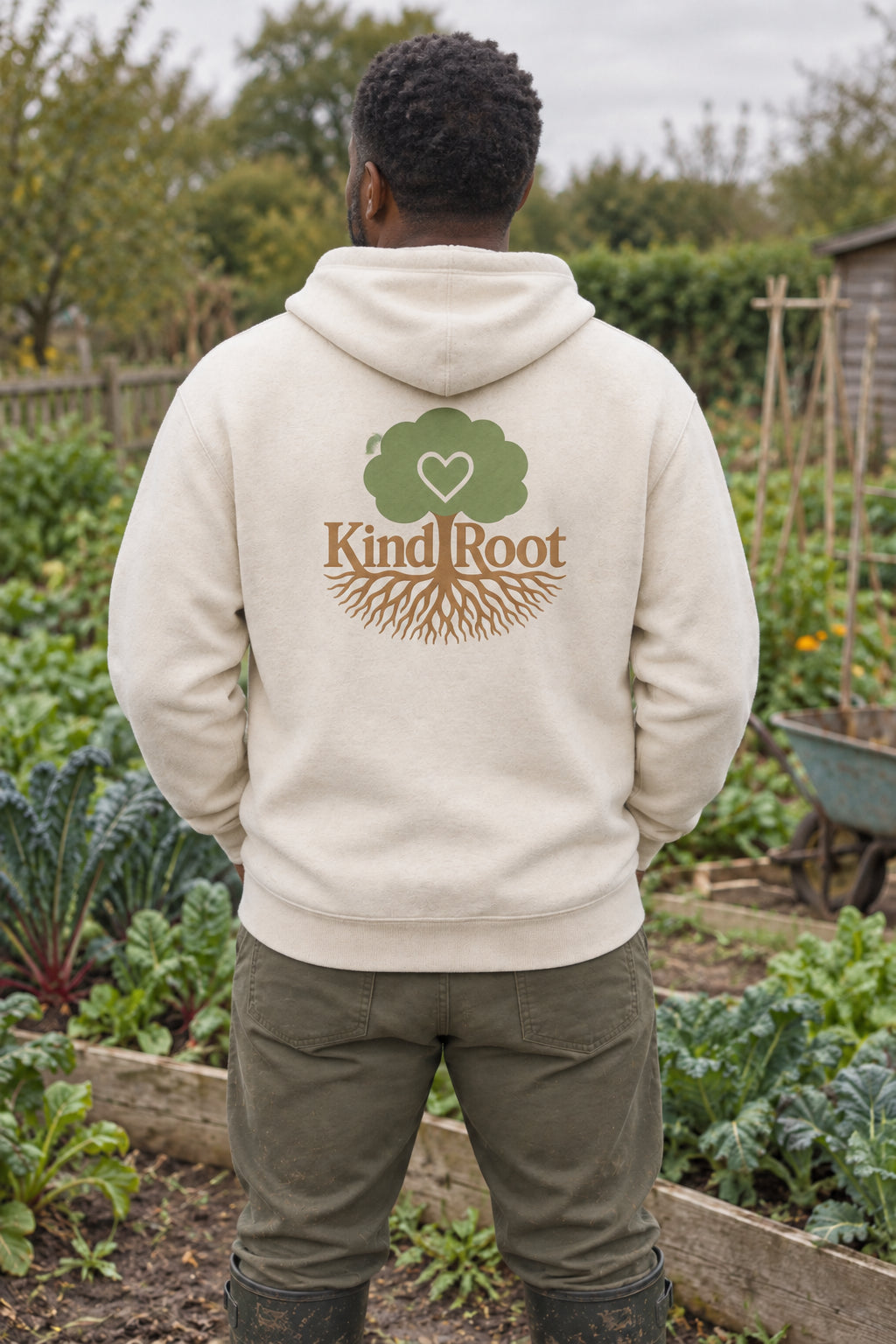 KindRoot logo on the back of the Natural unisex organic cotton hoodie