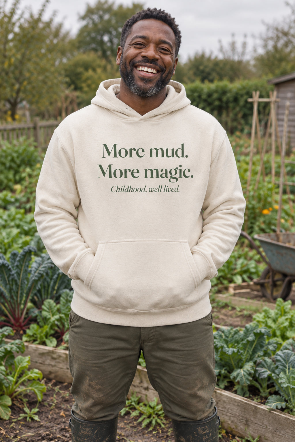More mud. More magic. unisex organic cotton hoodie in Natural, front