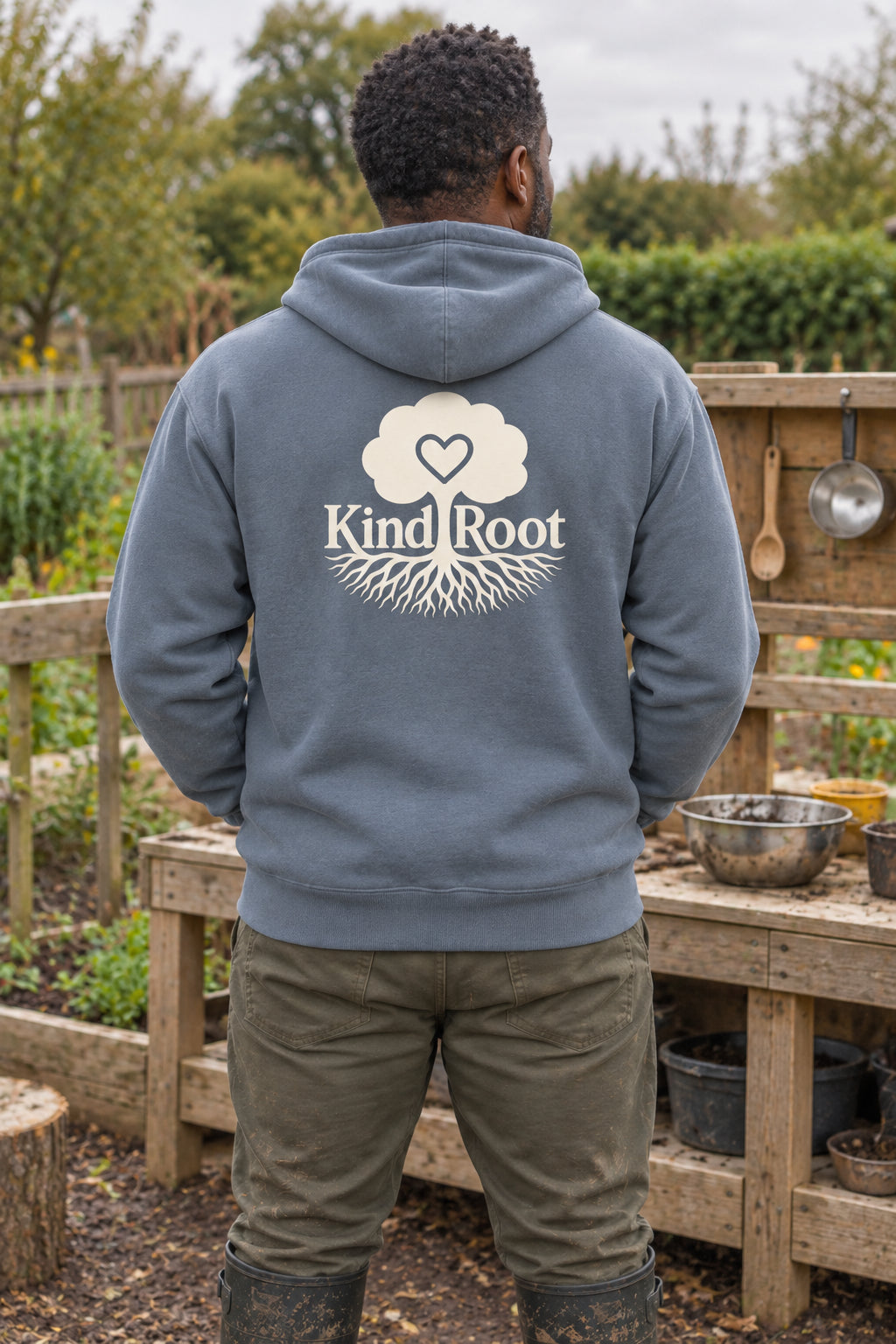 KindRoot logo on the back of the Slate unisex organic cotton hoodie