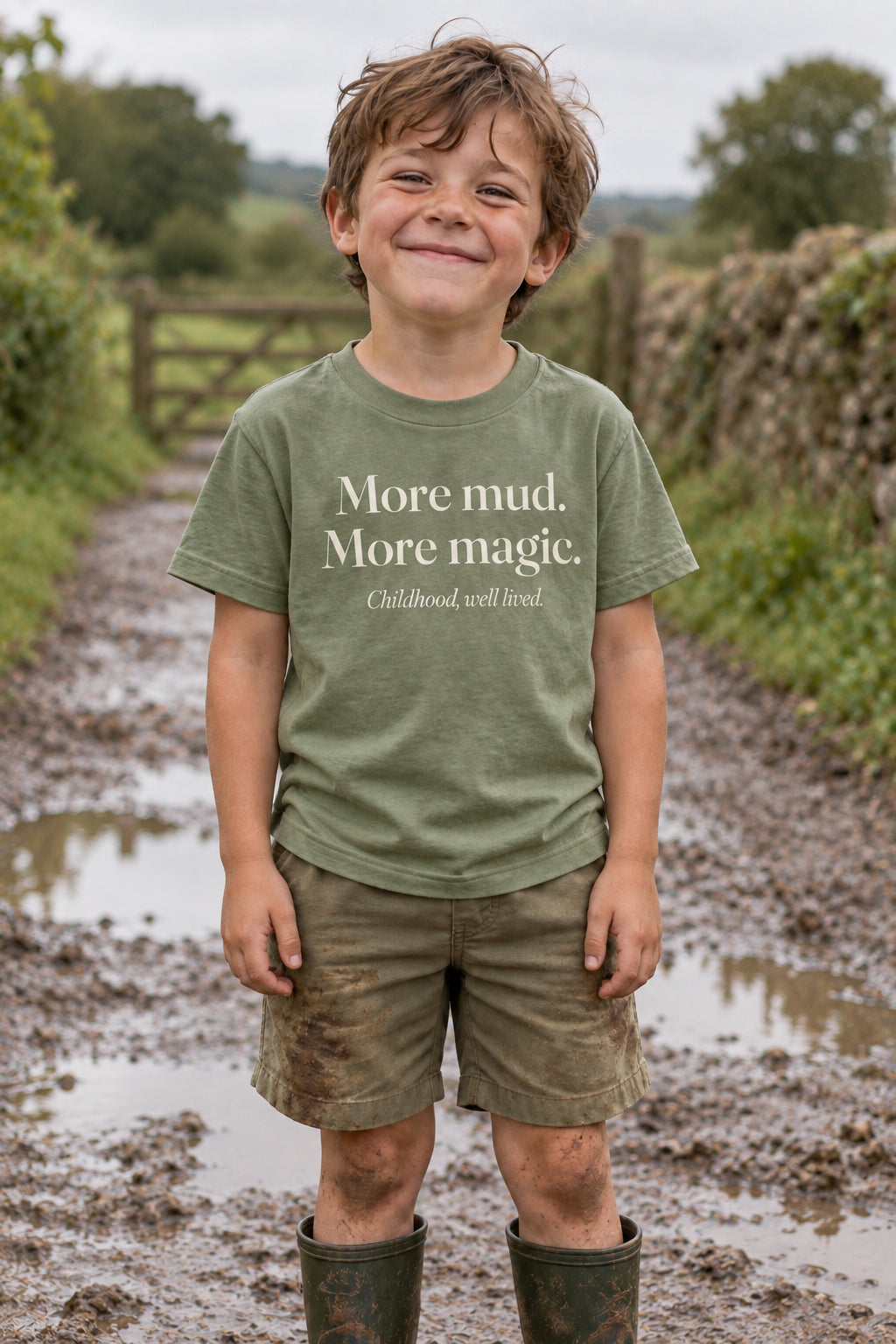 More mud. More magic. kids organic cotton tee in Avocado, front