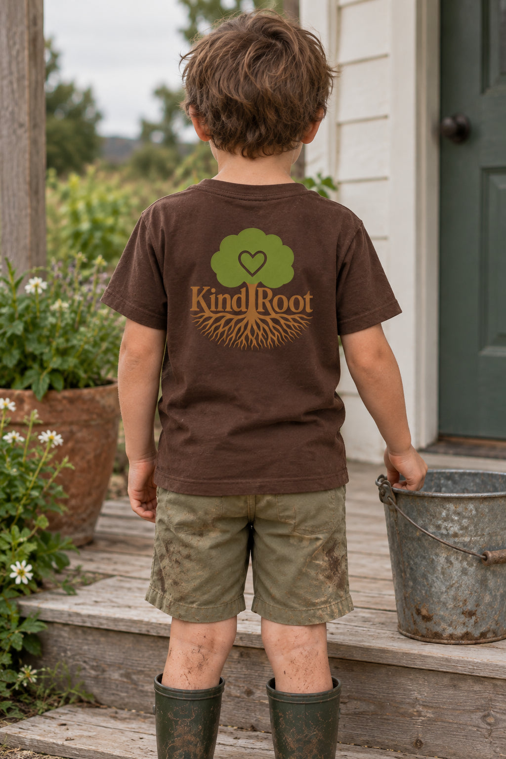 KindRoot logo on the back of the Bark kids organic cotton tee