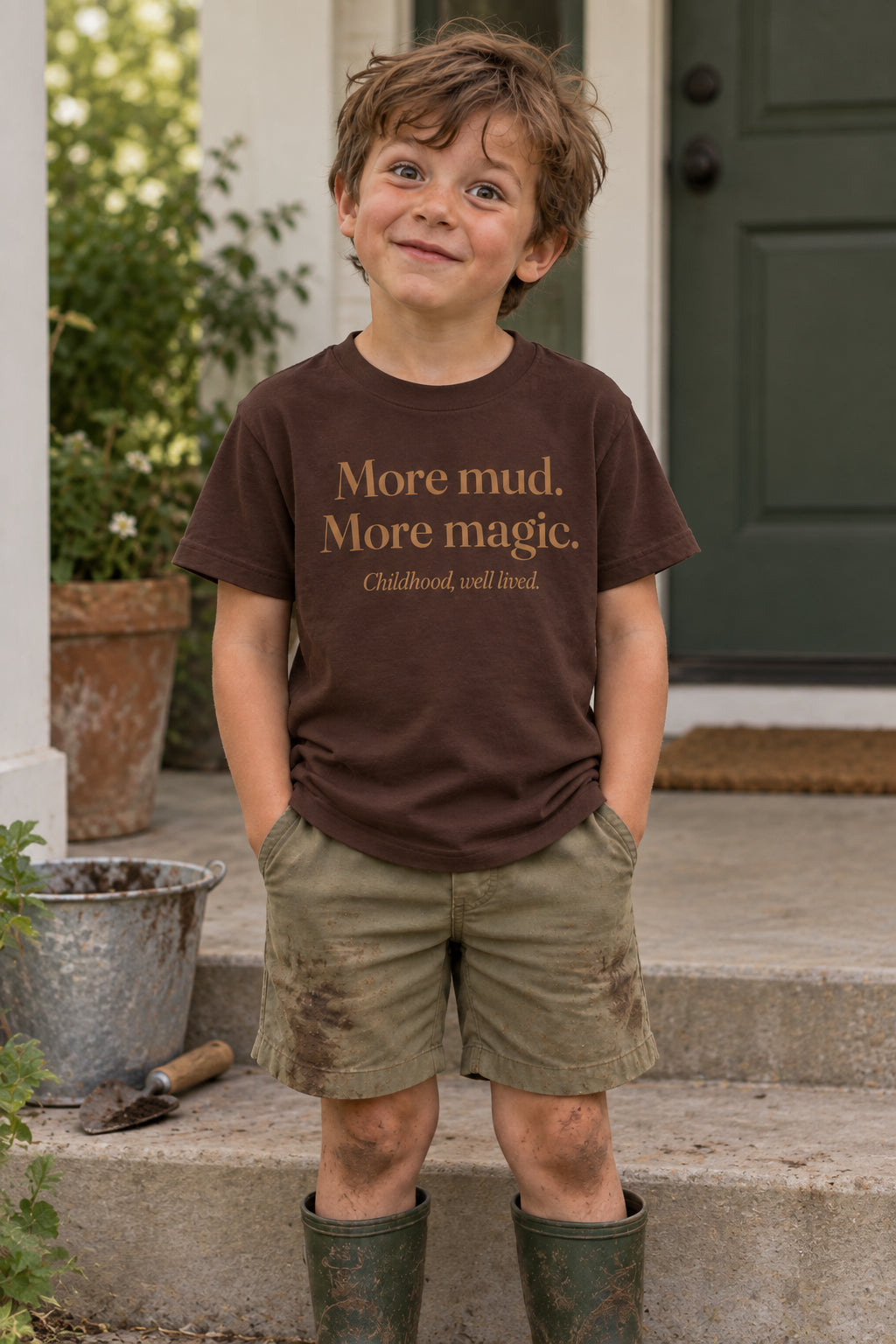More mud. More magic. kids organic cotton tee in Bark, front