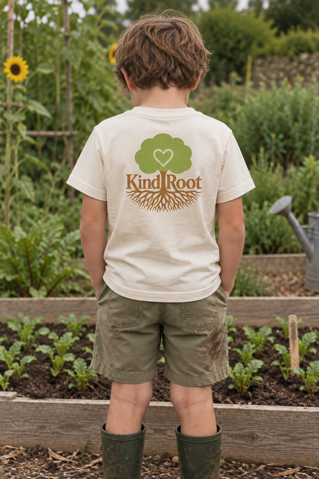 KindRoot logo on the back of the Natural kids organic cotton tee