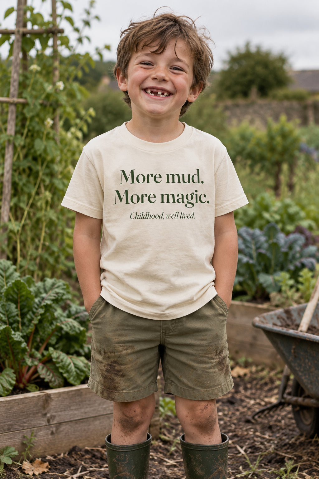 More mud. More magic. kids organic cotton tee in Natural, front