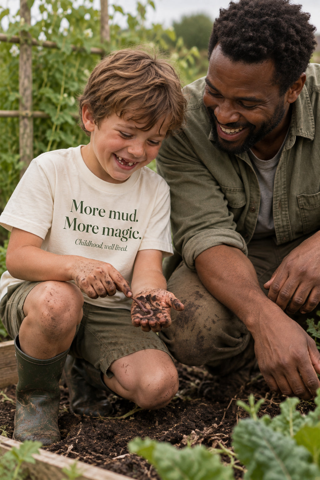 Child wearing the More mud. More magic. kids tee in Natural