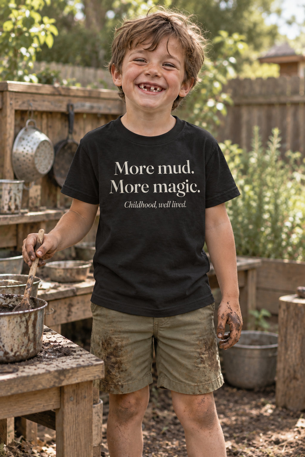 More mud. More magic. kids organic cotton tee in Night, front