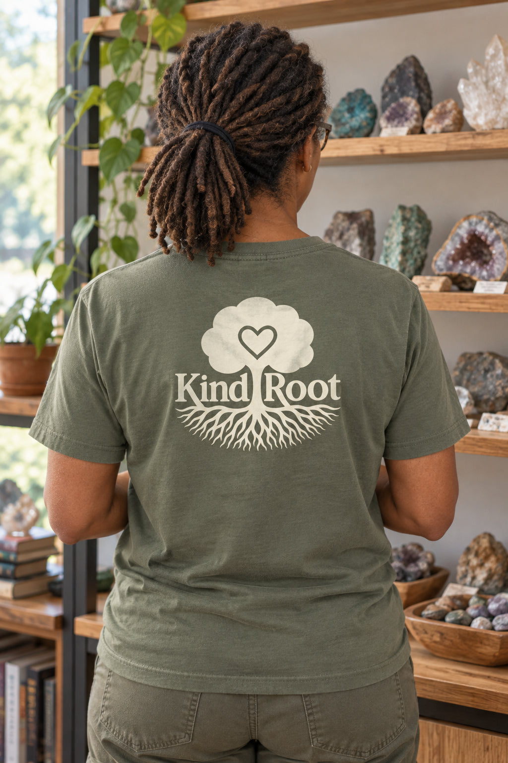 KindRoot logo on the back of the Moss unisex organic cotton tee