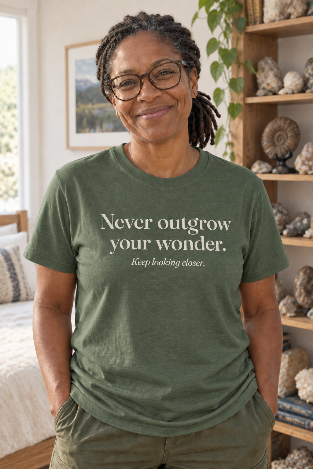 Never outgrow your wonder. unisex organic cotton tee in Moss, front