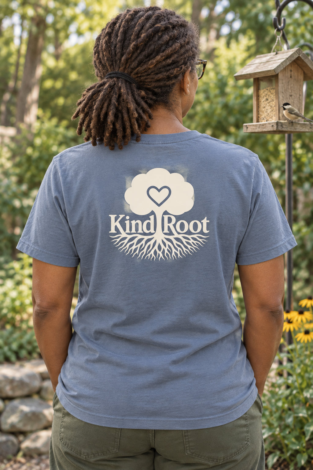 KindRoot logo on the back of the Slate unisex organic cotton tee