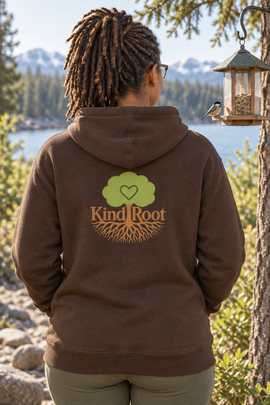 KindRoot logo on the back of the Bark unisex organic cotton hoodie