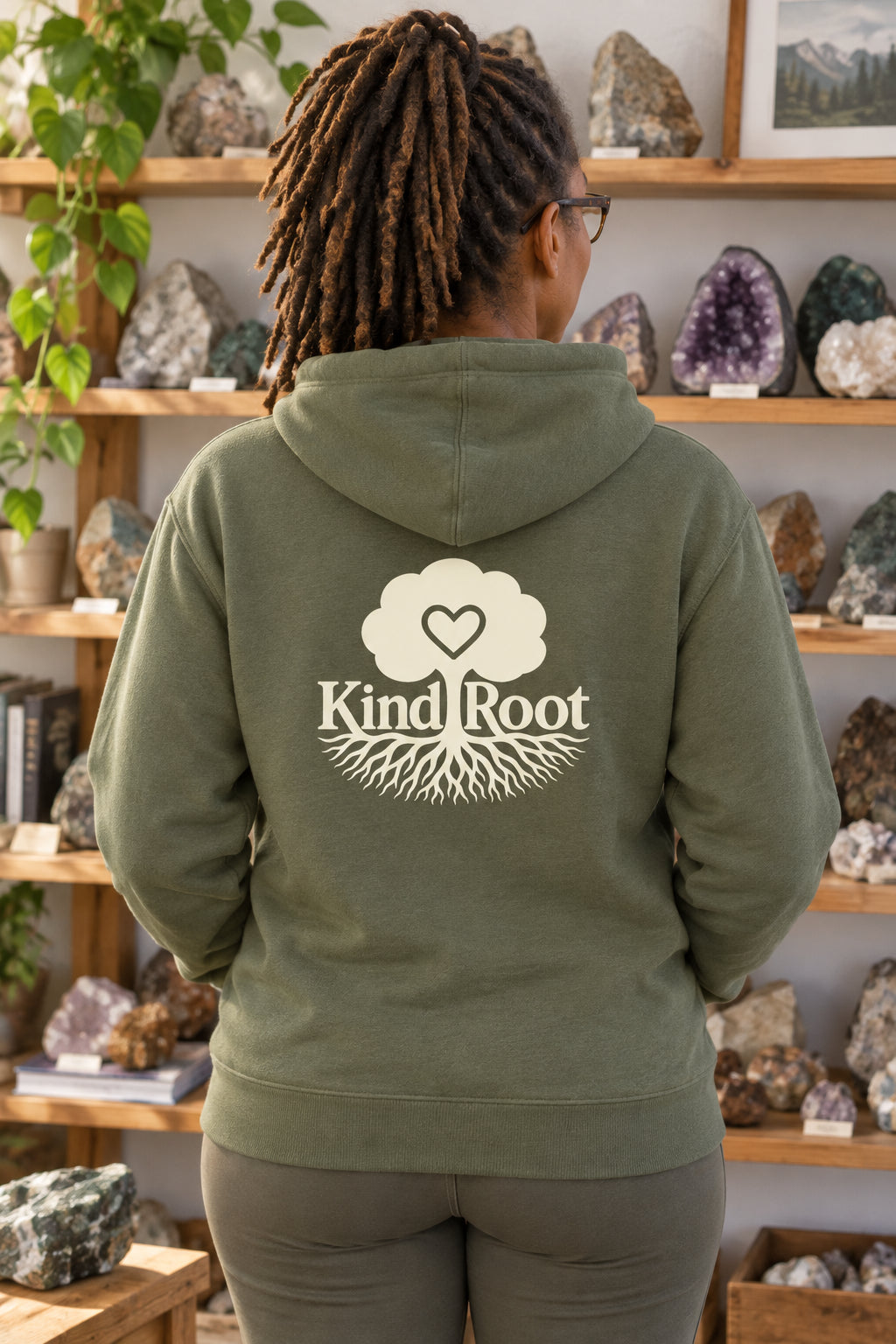 KindRoot logo on the back of the Moss unisex organic cotton hoodie