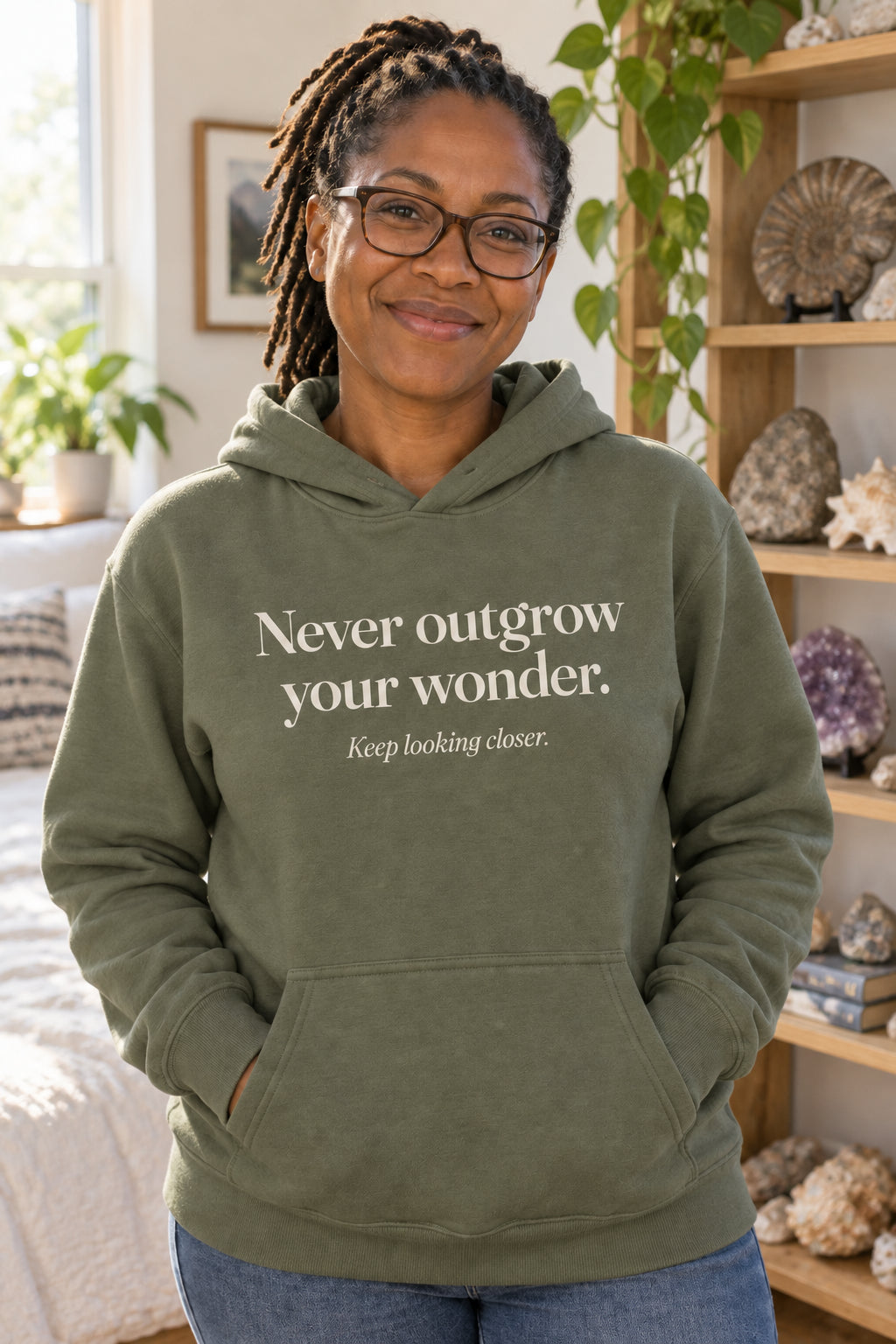Never outgrow your wonder. unisex organic cotton hoodie in Moss, front