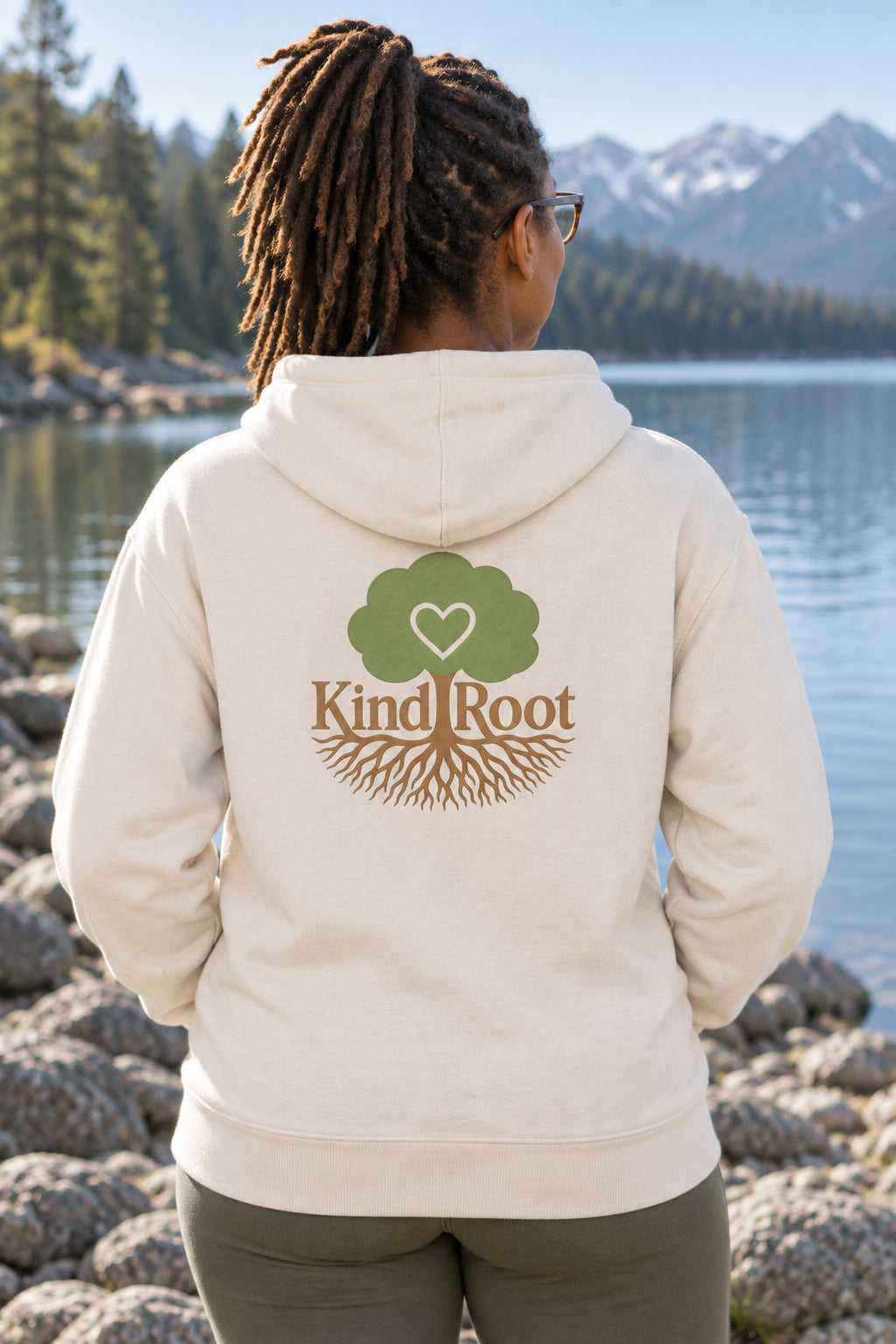 KindRoot logo on the back of the Natural unisex organic cotton hoodie