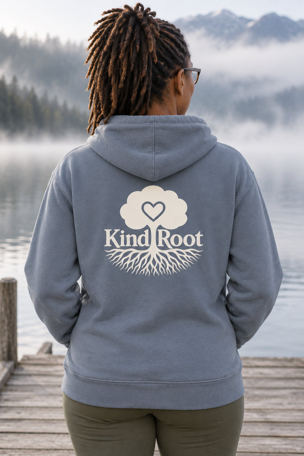 KindRoot logo on the back of the Slate unisex organic cotton hoodie