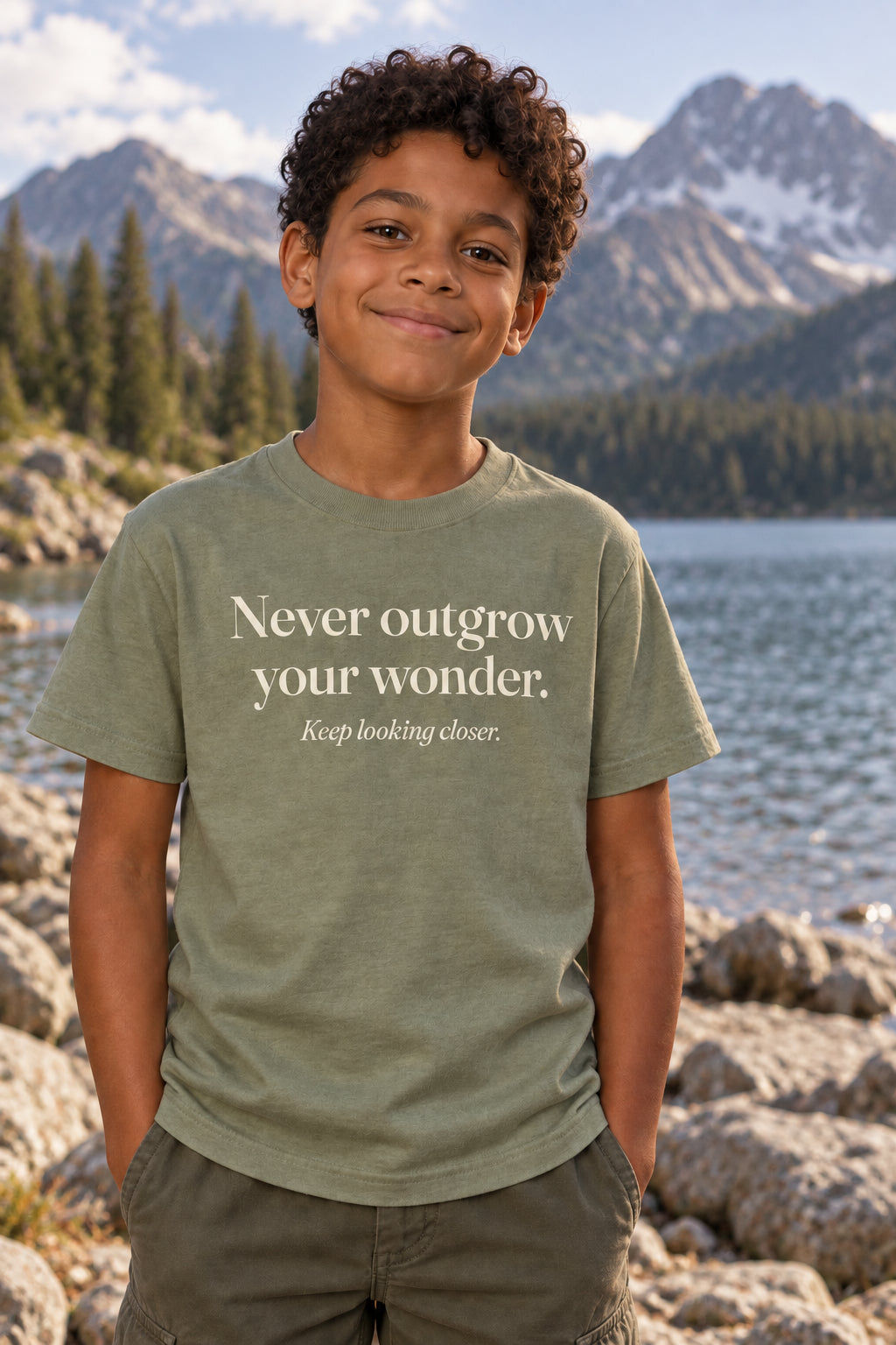 Never outgrow your wonder. kids organic cotton tee in Avocado, front