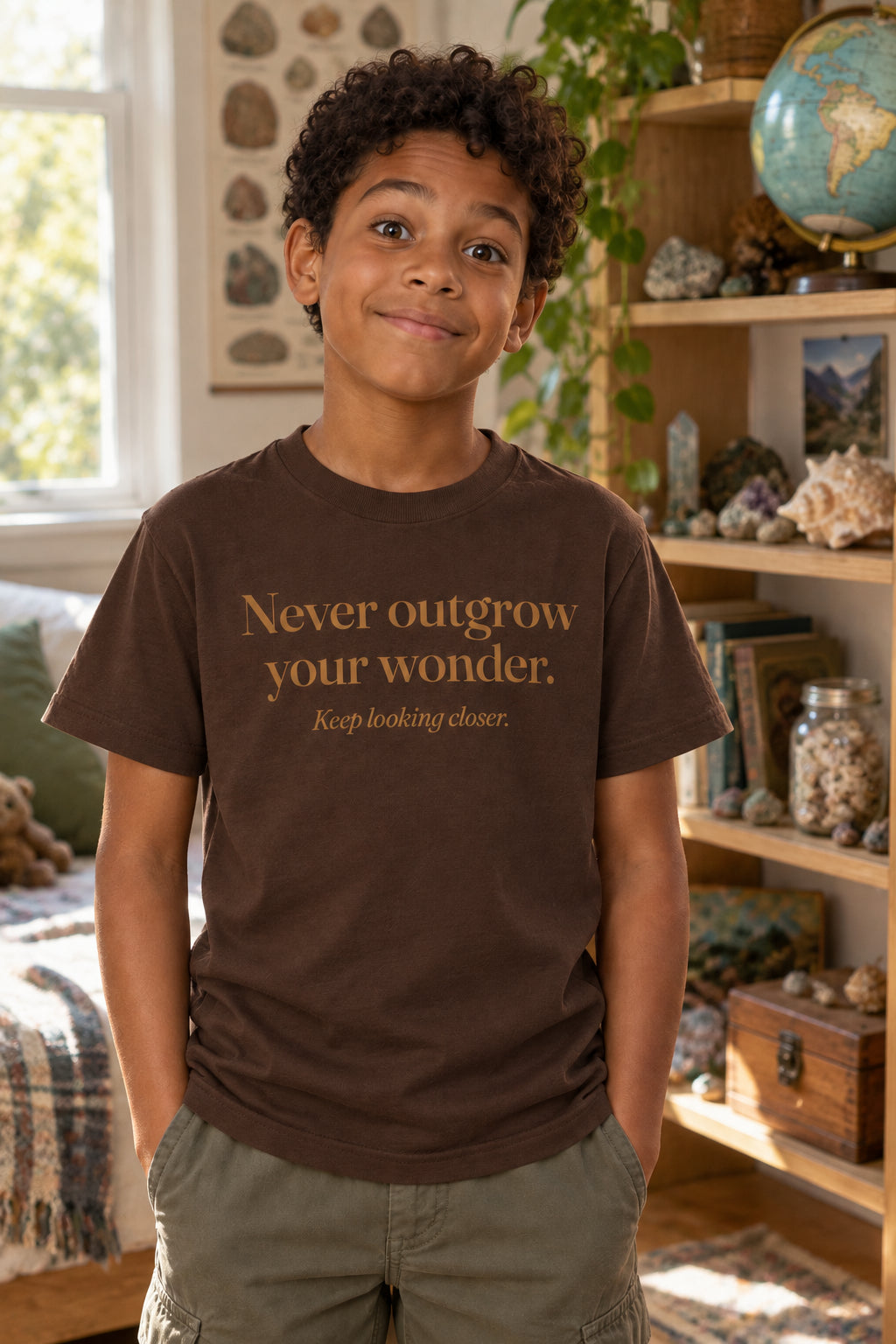 Never outgrow your wonder. kids organic cotton tee in Bark, front