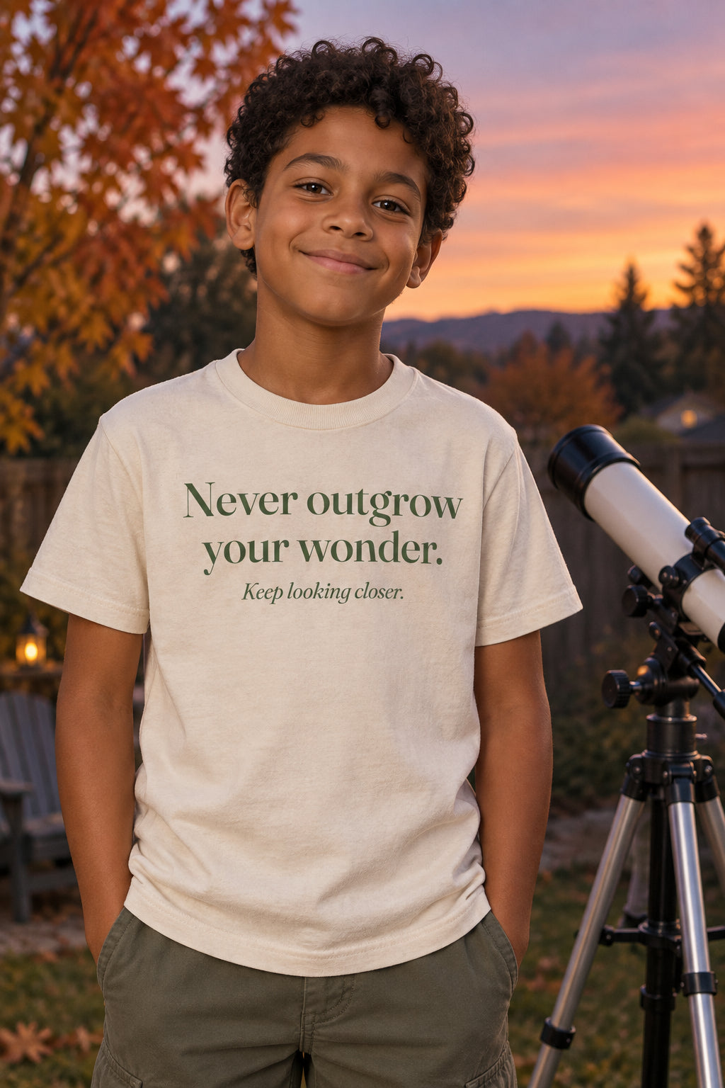 Never outgrow your wonder. kids organic cotton tee in Natural, front