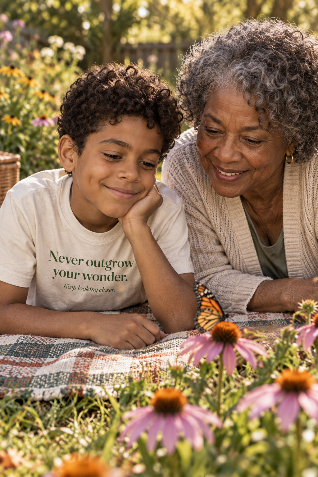 Child wearing the Never outgrow your wonder. kids tee in Natural