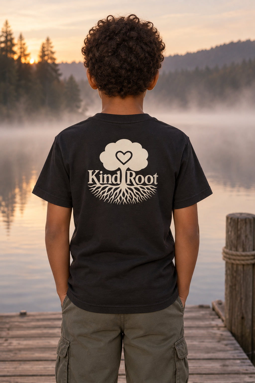 KindRoot logo on the back of the Night kids organic cotton tee