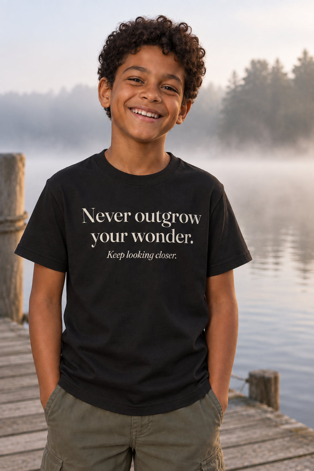 Never outgrow your wonder. kids organic cotton tee in Night, front