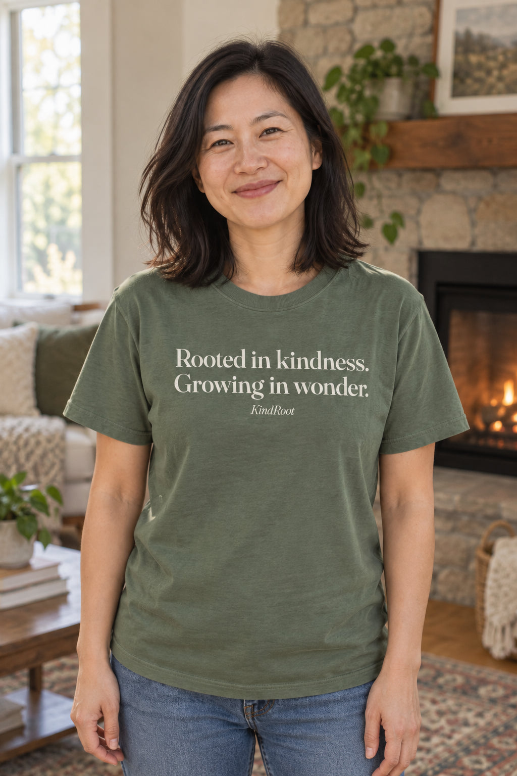 Rooted in kindness. Growing in wonder. unisex organic cotton tee in Moss, front