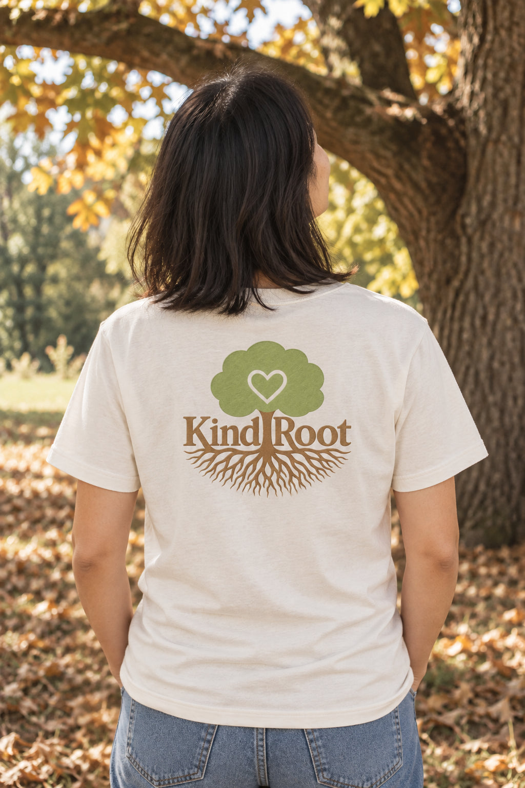 KindRoot logo on the back of the Natural unisex organic cotton tee