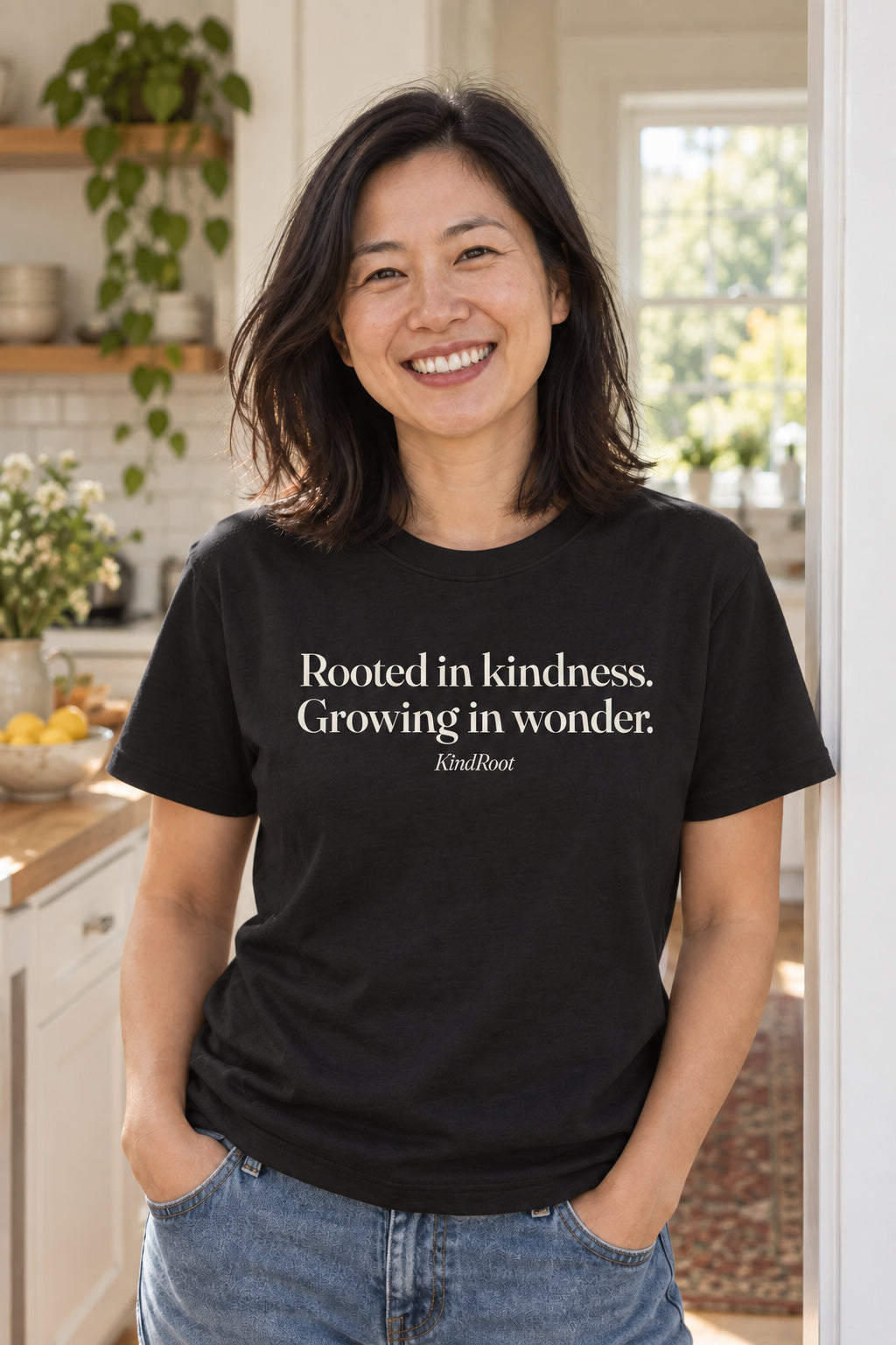 Rooted in kindness. Growing in wonder. unisex organic cotton tee in Night, front