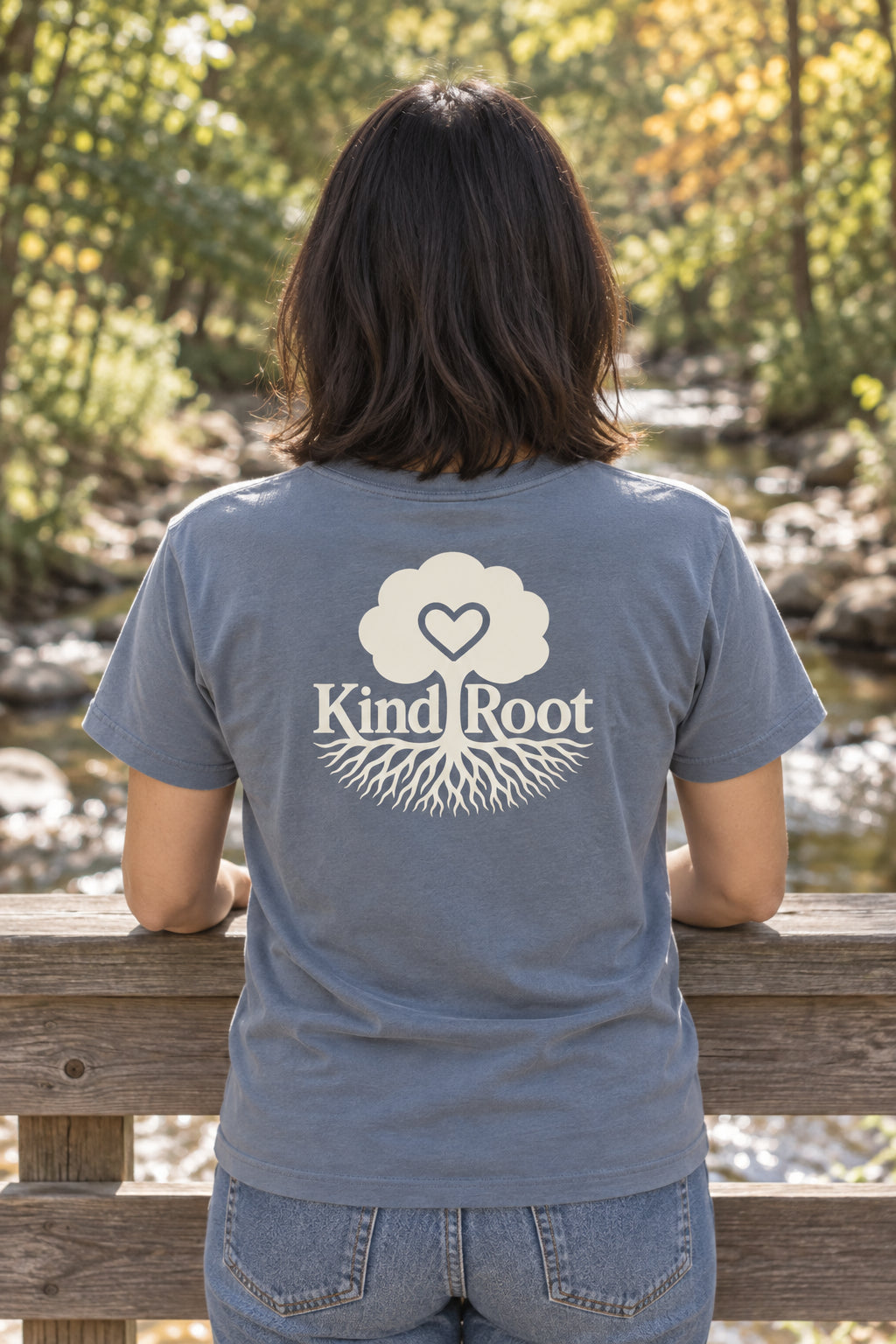 KindRoot logo on the back of the Slate unisex organic cotton tee