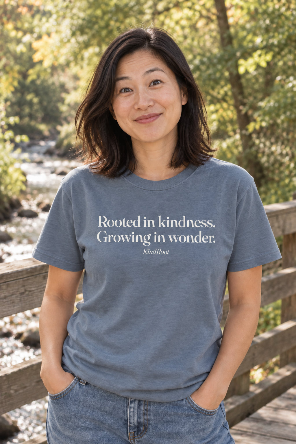 Rooted in kindness. Growing in wonder. unisex organic cotton tee in Slate, front