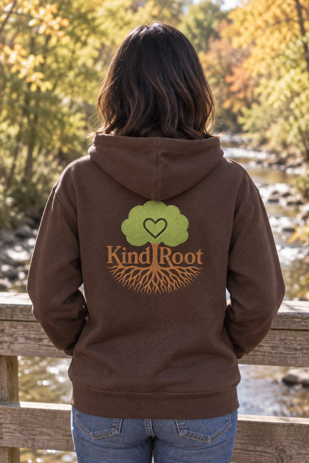 KindRoot logo on the back of the Bark unisex organic cotton hoodie
