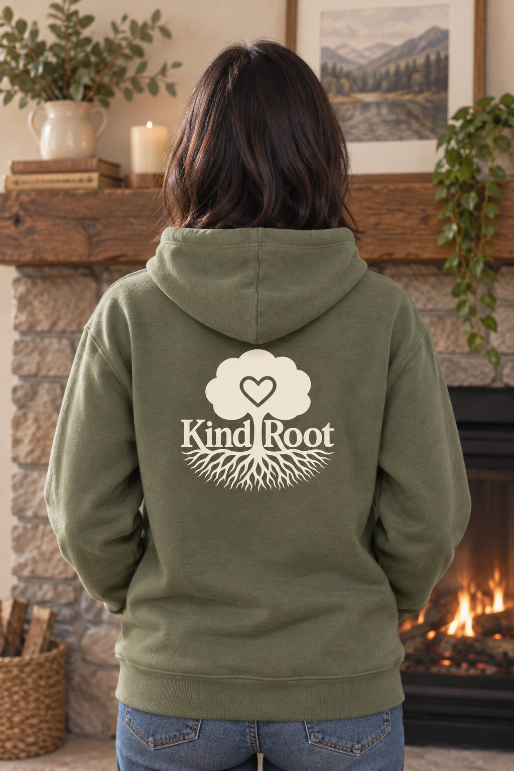 KindRoot logo on the back of the Moss unisex organic cotton hoodie