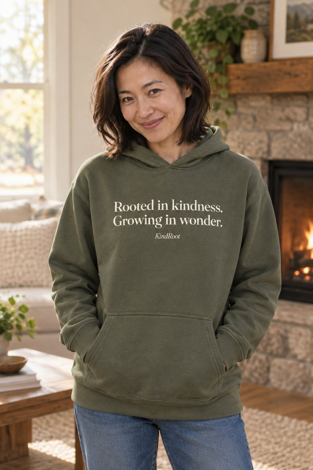 Rooted in kindness. Growing in wonder. unisex organic cotton hoodie in Moss, front